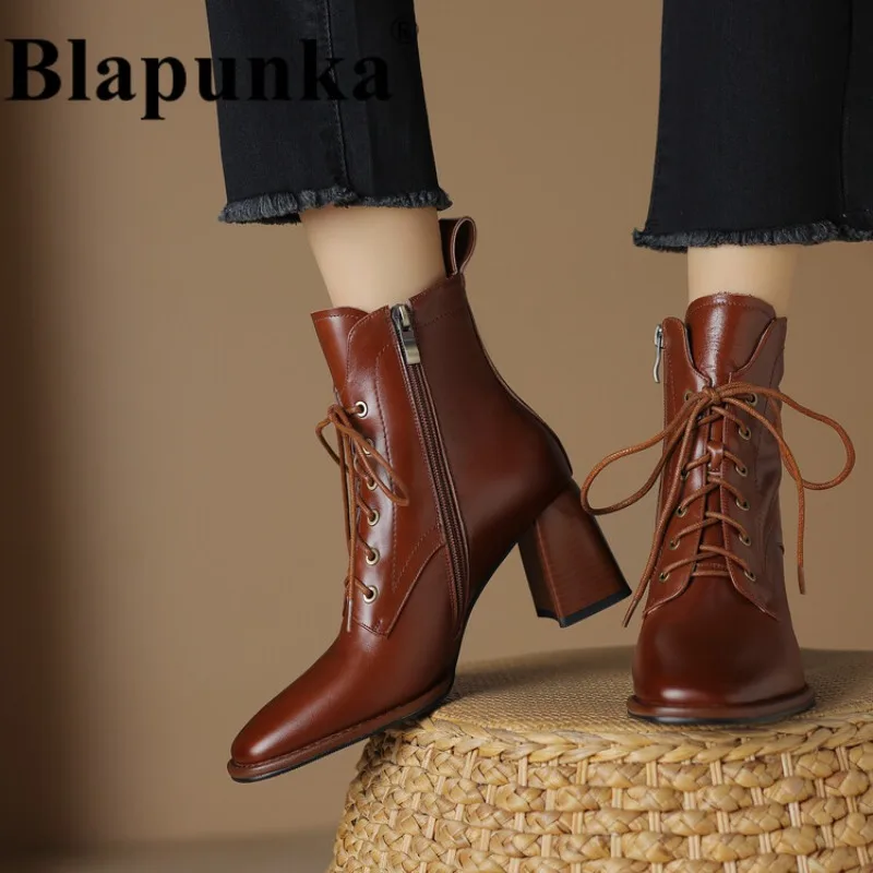 

Blapunka Women Real Genuine Leather Boots Chunky Block Heel Cross-tied Ankle Boots Handmade Zipper Black Female Motorcycle Shoes
