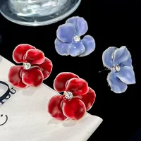 LATS Red Blue Enamel Flower Stud Earrings for Women Korean Fashion Five Petals Crystal Flowered Lovely Cute Girls Ear Decoration - Image 2