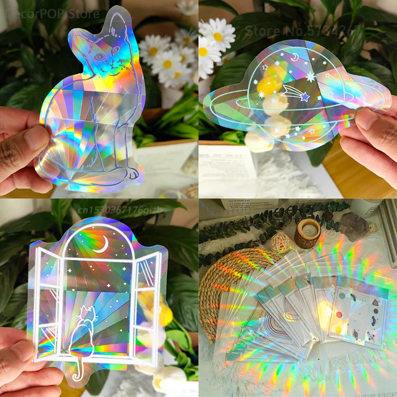 3D Rainbow Sun Catcher Wall Stickers Cat Bear Wolf Spaceship Planet ...