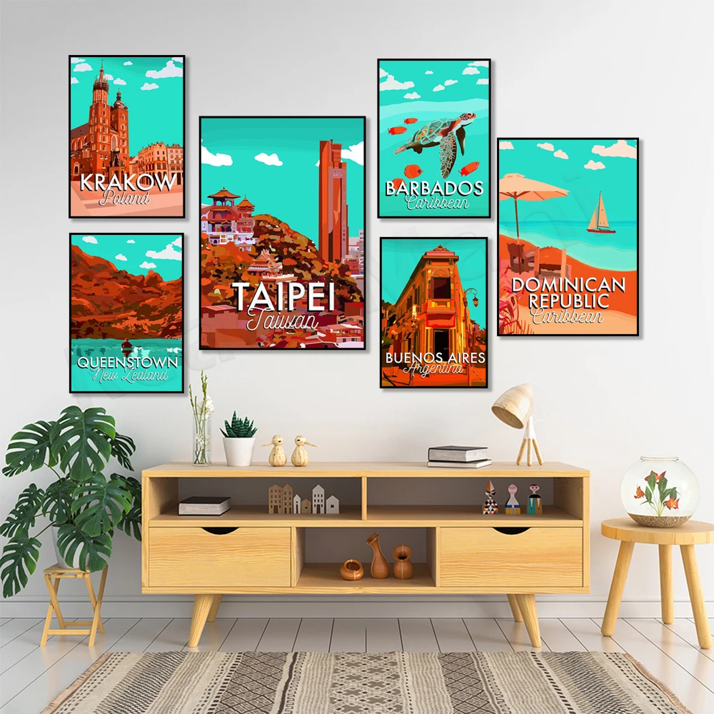 Taiwan, Caraibi, Enos Aires, Kraw Polonia, Irlanda, Queenestown Nuova Zelanda, Barbados Caraibi, Dubai, Maldive Poster Da Viaggio