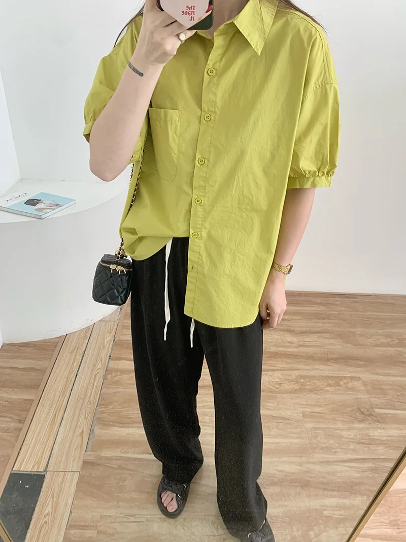 Oversized Cotton Shirt In Yellow green for Woman 