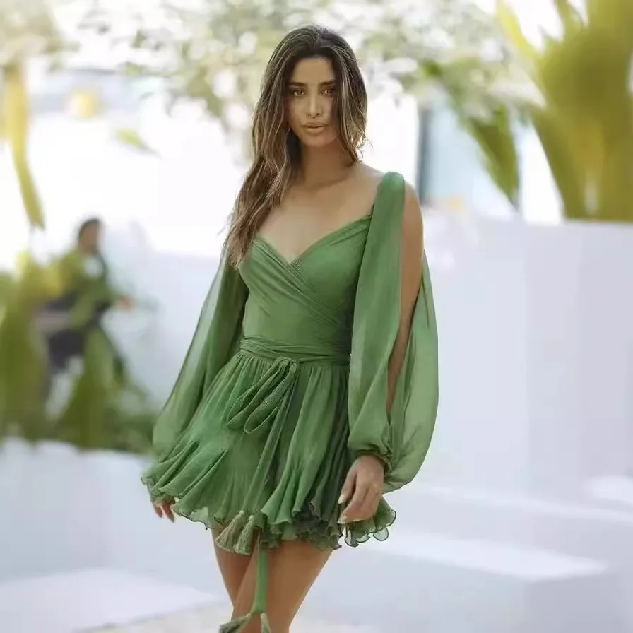 

Sexy Green Pleated Mini Dress For Women Elegant V-neck Split Long Sleeve A-line Dresses Summer Lady Solid Backless Lace Up Robes