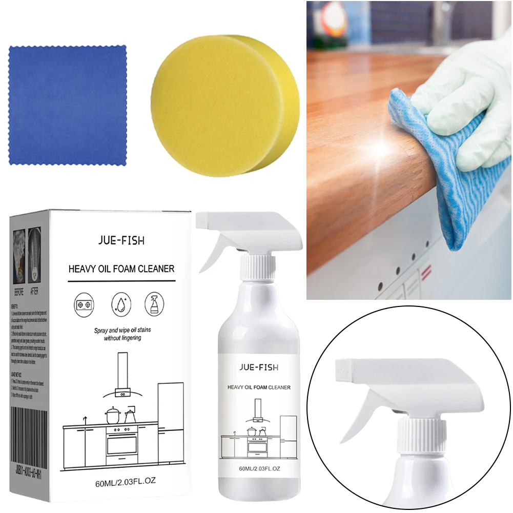 60ml Heavy Oil Foam Cleaner Multipurpose Splash Spray Cleaner with Sponge & Cloth Stain Remover for Cleaning Grills Ovens