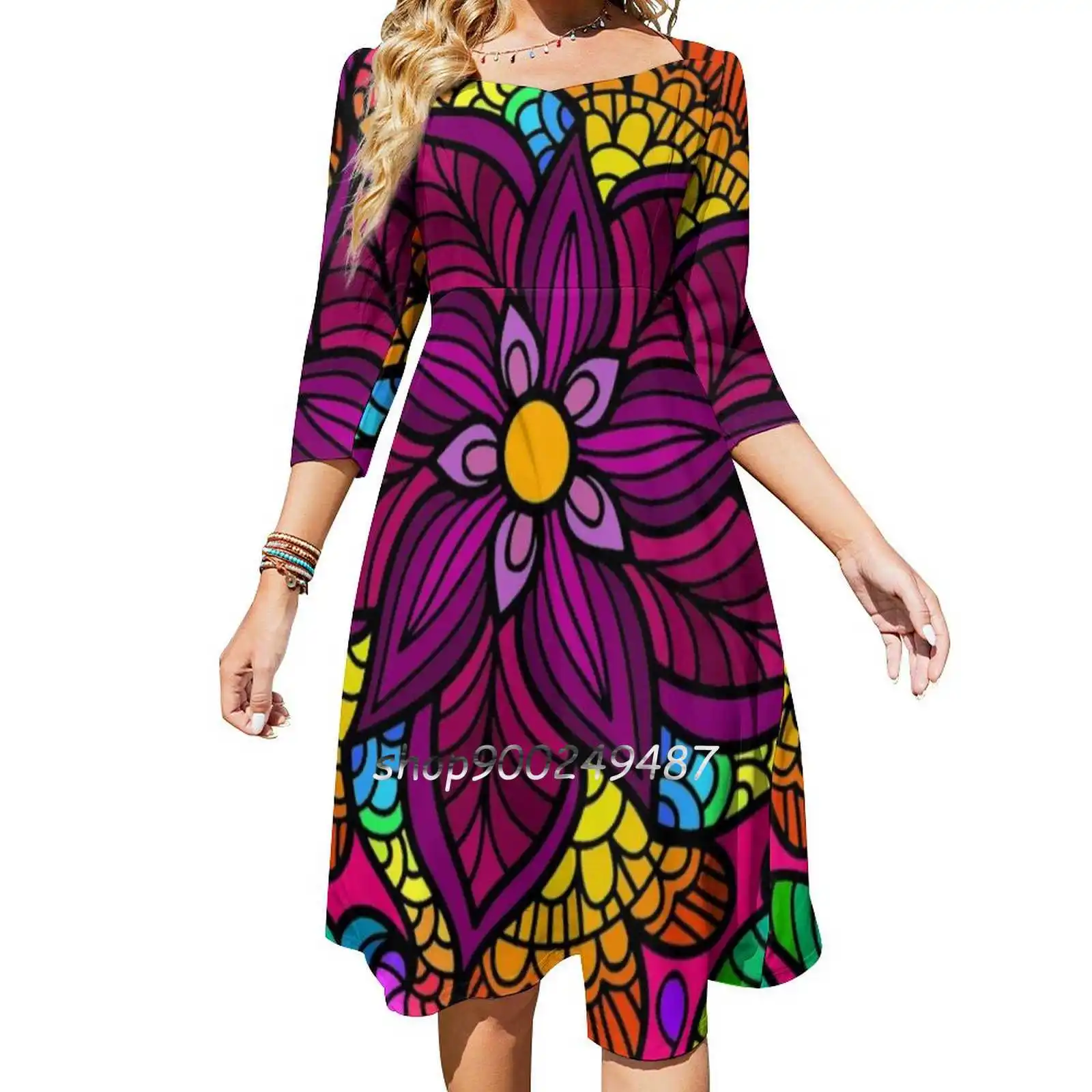 

Flower Power Artistic Psychedelic Hippy Style Sweet Elegant Dress Women Korean Kawaii Square Collar Dress Hippie Flower Power