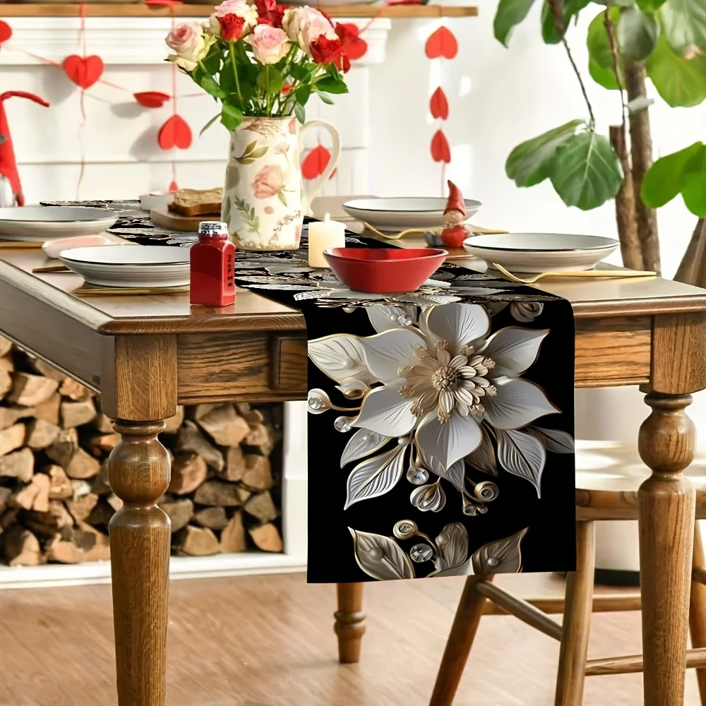 1 Piece of Elegant White and Gold Floral Table Runner, Durable Polyester Fiber, Rectangular |   Perfect Suitable for Holiday Meals and Outdoor Parties 5