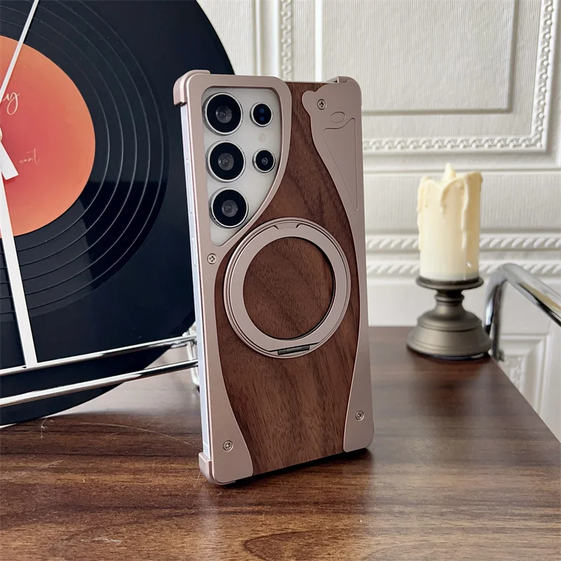 Walnut Wood Metal Armor Case with 360° Rotating Magnetic Bracket - Shockproof Cover