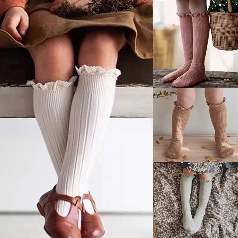 Kids Socks Ruffle Knee High Baby Girls Toddlers Long Soft Cotton Lace Flower for 0-8 Years
