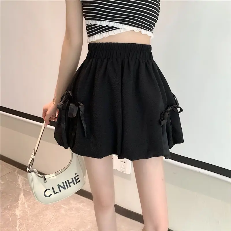 White Black Shorts for Women Summer New Elastic Waist Pleated Loose Solid Color Youth Sweet Casual Pants Fashion Trend Clothing