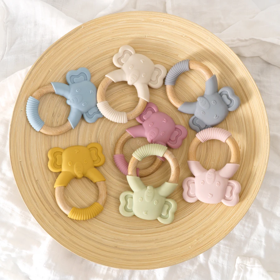 1Pc Baby Gesundheit Beißring Spielzeug Armband Food Grade Kawaii Tier Silikon Anhänger Holz Ring Zahnen Rassel Baby Zubehör Spielzeug