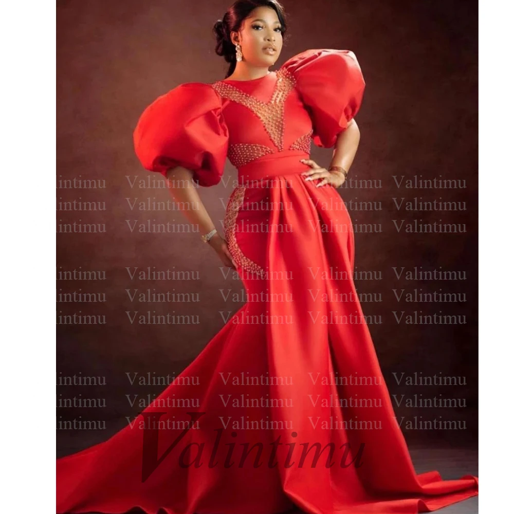 Plus Size Red Aso Ebi Pearls Prom Dresses Custom Made Mermaid Shape Puffy  Sleeves With Train Women Evening Gowns Robes De Soirée - AliExpress
