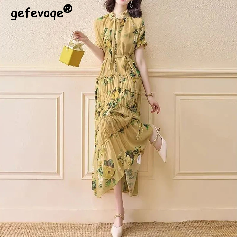Women Floral Print Ruffle Lace Up Bow Elegant Chic Party Long Dresses ...