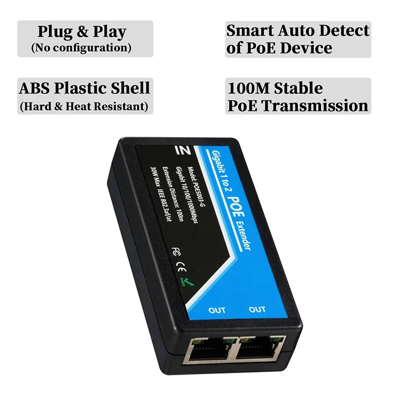 POE 익스텐더 2포트 1000Mbps(IEEE 802.3af/at 표준 POE 리피터 포함) NVR IP 카메라 AP용 100미터 전송 가능