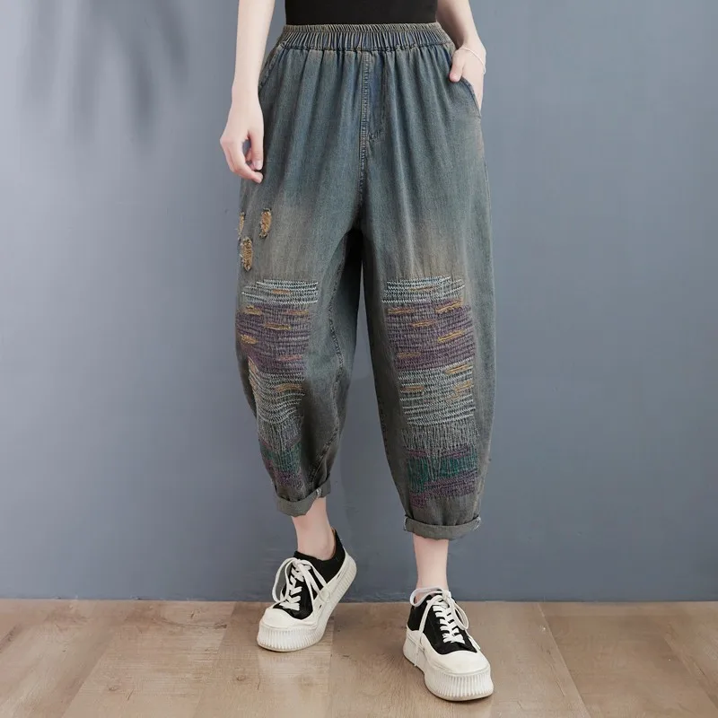 MODX New Arrival 2023 Spring Autumn Arts Style Women Elastic Waist Cotton Denim Harem Pants Vintage Embroidery Loose Jeans P118 new arrival spring summer korea fashion women elastic waist loose white jeans all matched casual cotton denim harem pants