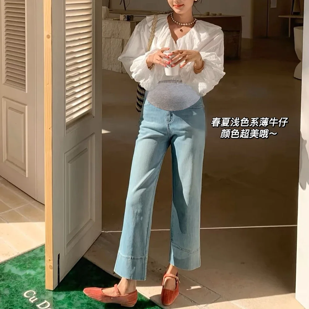 Vintage Stretch Light Denim Maternity Jeans Spring Summer Wide Leg Straight Cropped Pants for Pregnant Women Pregnancy Youth maternity jeans