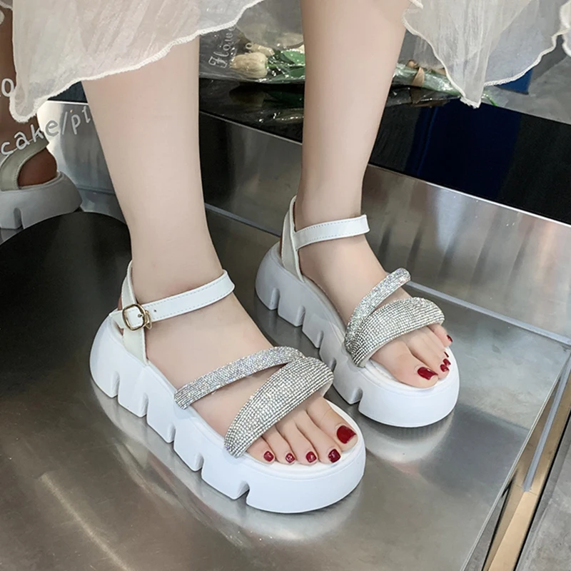 Rimocy Bling Crystal Chunky Sandals Women Summer Ankle Strap Thick Bottom Platform Sandals Woman 2022 New Non-slip Sandalias