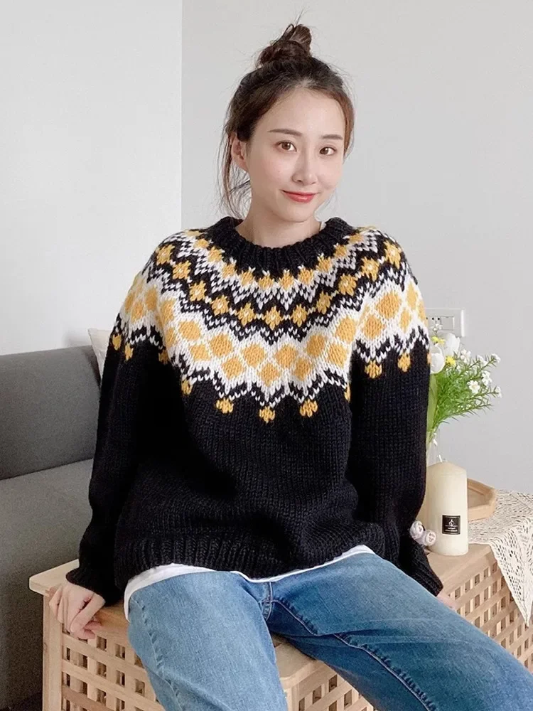 Vintage Fair Isle Jacquard Shawl- Cozy High Neck Pullover for Fall/Winter Dark Gray