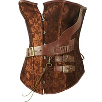 Bustier victorien vintage gothique français pour femme, marron, en PU, avec lacets, baleines en acier, effet gainant, taille nouée et ceinture 3