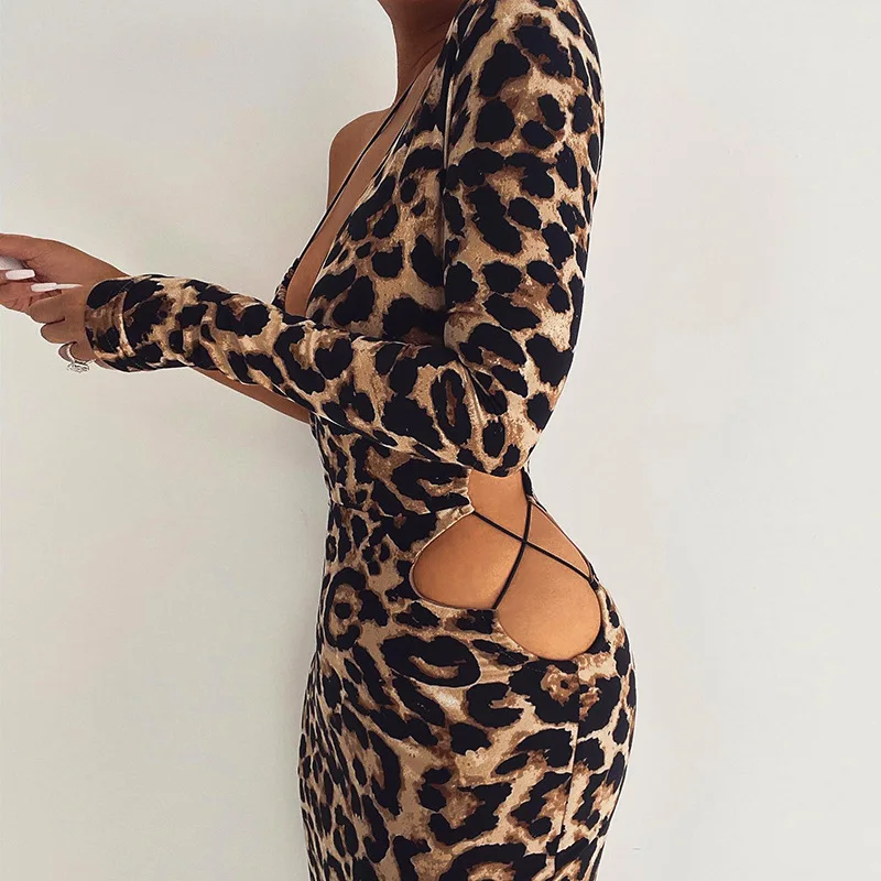 

BoozRey Sexy Bandage Cut Out Leopard Print Midi Dress Outfits Women Party Club Autumn Long Sleeve Dresses Bodycon Clothes