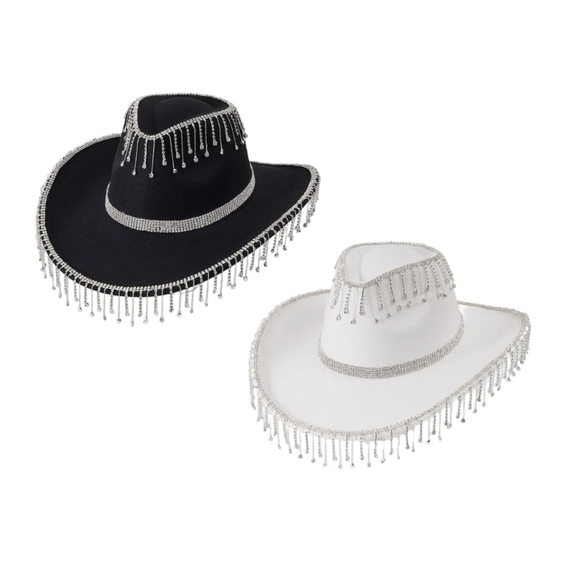 

Diamond Fringe Cowgirl Hat for Woman Male Breathable Cowboy Hat with Rhinestones Fringe Banquets Party Photography Hat