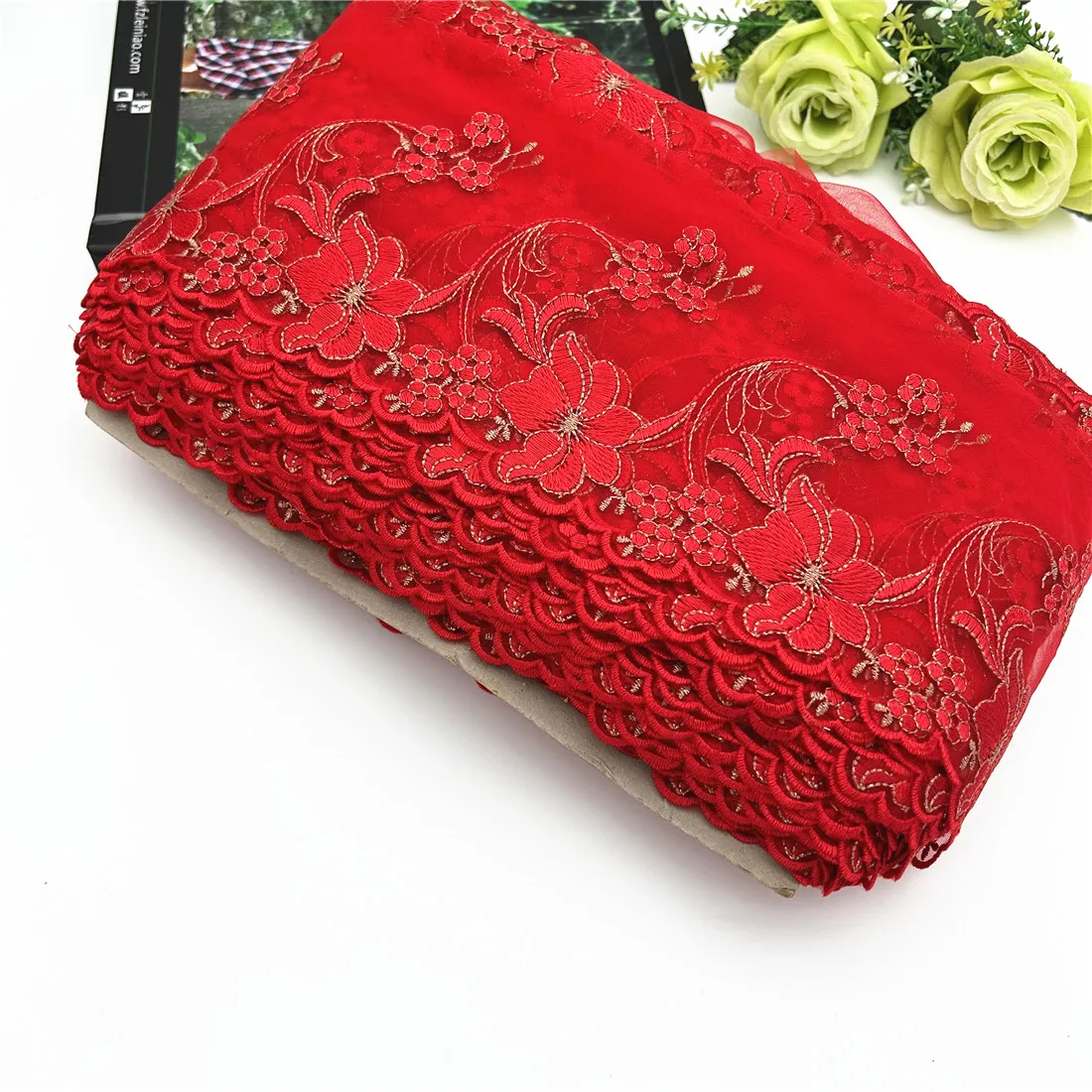 20y/lot Width 5Inch 13cm Red Gold Embroidery Floral Lace Trim Skirt Hem Underwear Sewing Material Craft DIY Apparel Fabrics Lace 1