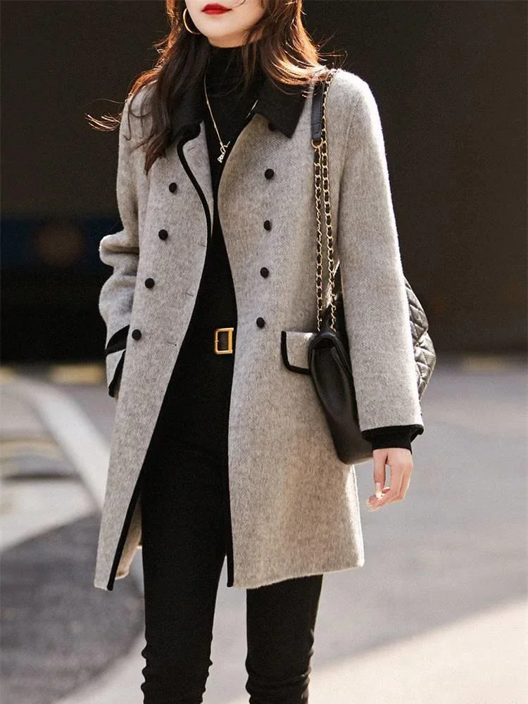 

New Winter Double Face Woolen Women Coat Casual Turn-Down Collar Slim Double Breasted Long Sections Wool Outerwear