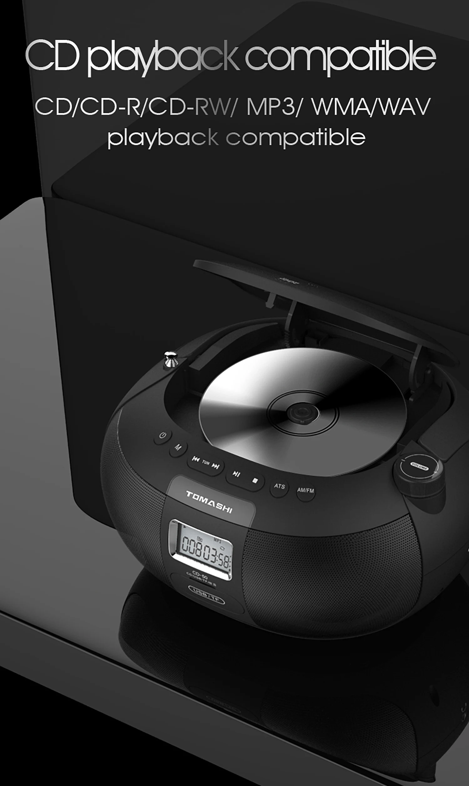 CD-50 CD Player Boombox in Black Portable CD Player Stereo Sound LCD Display USB/TF Card Drive Supported Headphone Jack