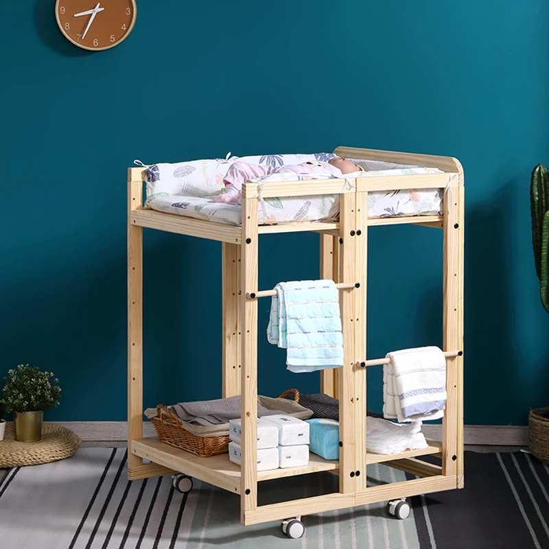 Multifunction Baby Diaper Changing Table 4 in 1 Pine Wood Desk Chair Shelf for Infant and Child With Pad as The Picture Show