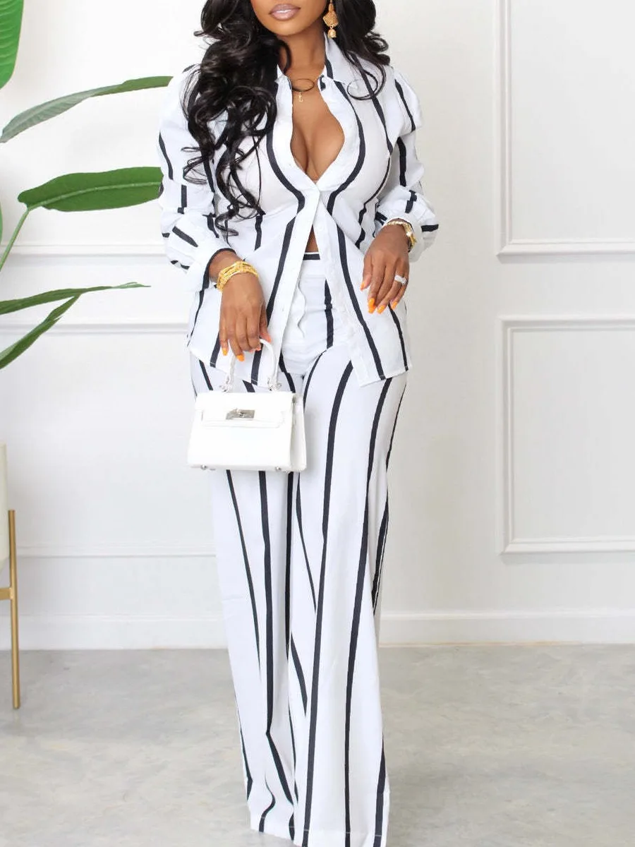 LW Striped Wide Leg Pants Set Workout 2pcs Outfits Long Sleeve Lapel Neck Button T-shirt&Loose Fit Trousers OL Fall Clothing