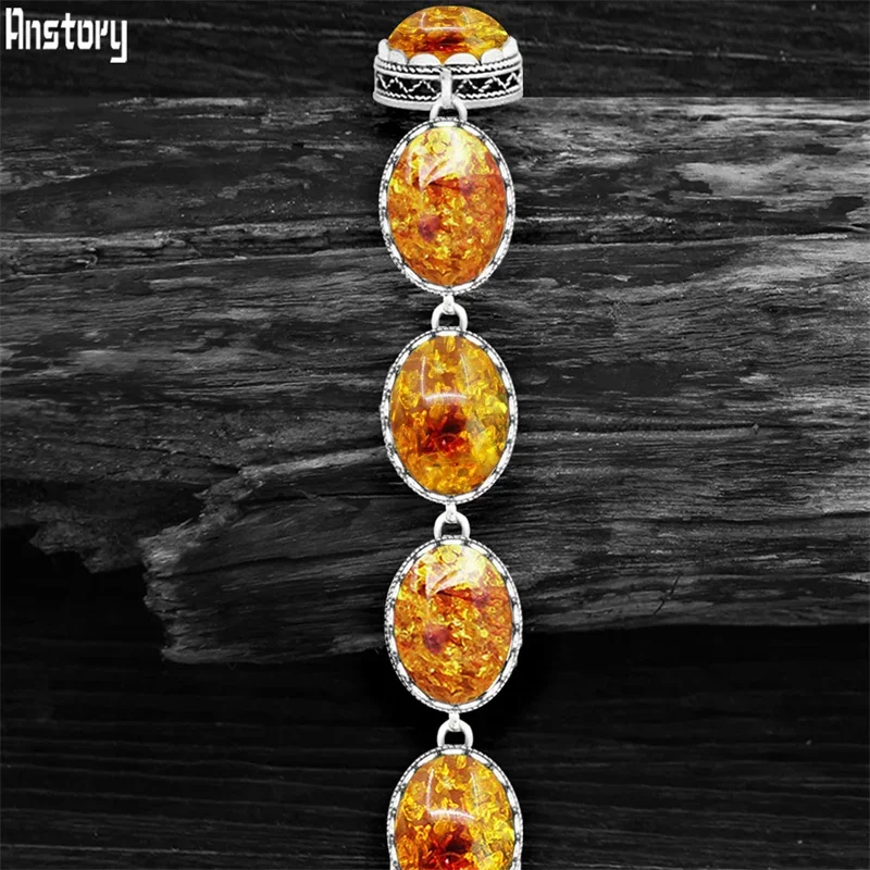 Bracelets Strand Simulated Ambers Oval Women Antique Silver Plated Vintage Look