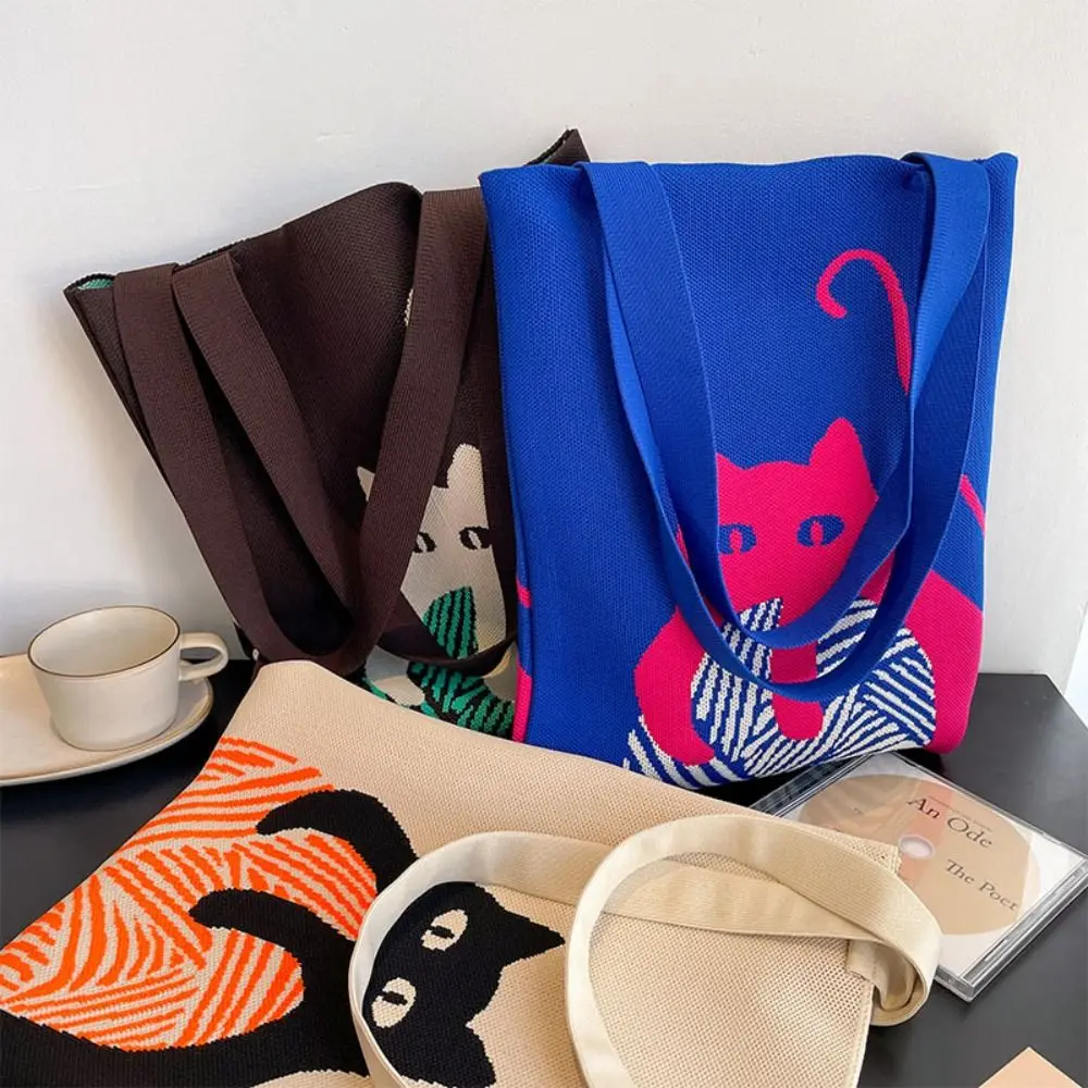 

High-capacity Hand-woven Bag New Cartoon Cat Knit Knot Wrist Bag Tote Bag Student
