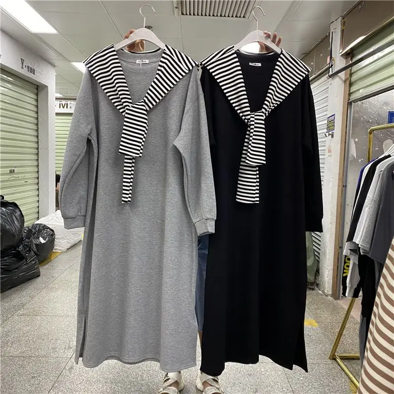

Plus Size 5XL 150kg Women Spring Striped Dress Long Sleeve O Neck Long Dresses Two Pieces Casual Holiday Big Dress