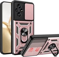 Enhanced Armor Case with Lens Protection and Magnetic Ring Holder for Honor 200 Pro (Rose Gold)