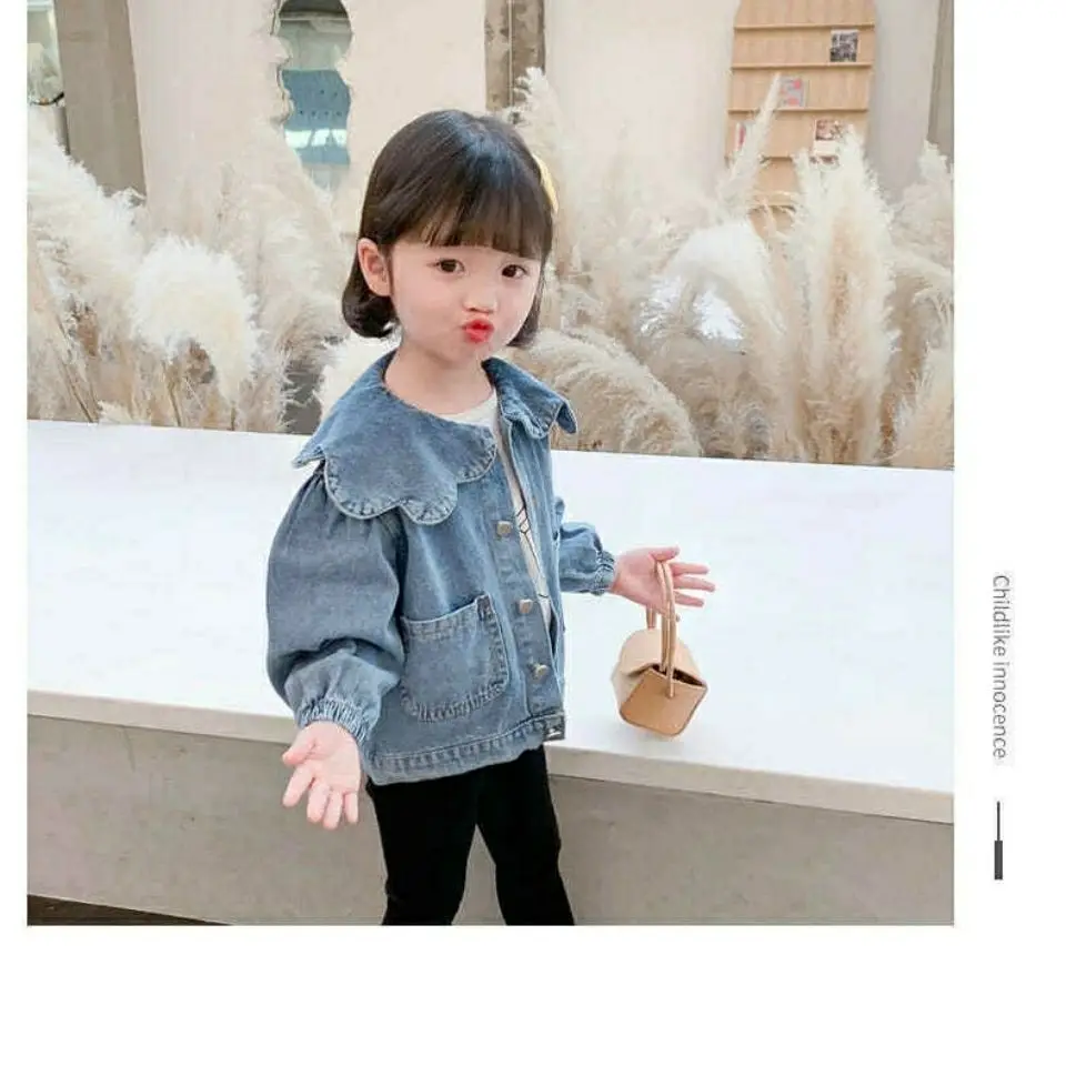 여아용 가을 외투 재킷, 유아 코트, 어린이 의류, 포켓 싱글 브레스트, 피터 팬 칼라, 데님 재킷, 패션