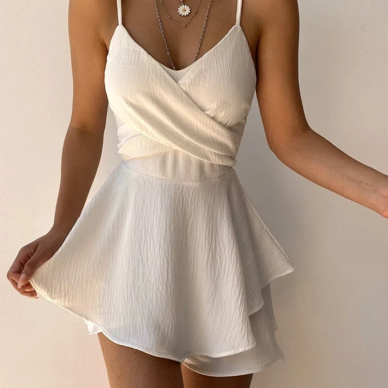 New Y2k Summer Women's Suspender Dress Fashionable and Sexy Back Zipper Solid Color V-neck Culottes Irregular Short Skirt238