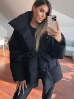 Solid Lapel Lace Up Cotton Coat Women Fashion Long Sleeve Warm Loose Pocket Short Coats Lady New Winter Commute Street Outwears 3