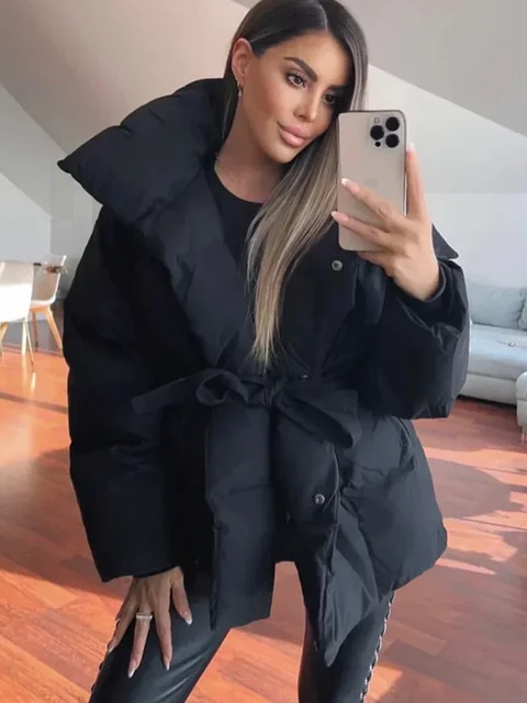 Solid Lapel Lace Up Cotton Coat Women Fashion Long Sleeve Warm Loose Pocket Short Coats Lady New Winter Commute Street Outwears 3