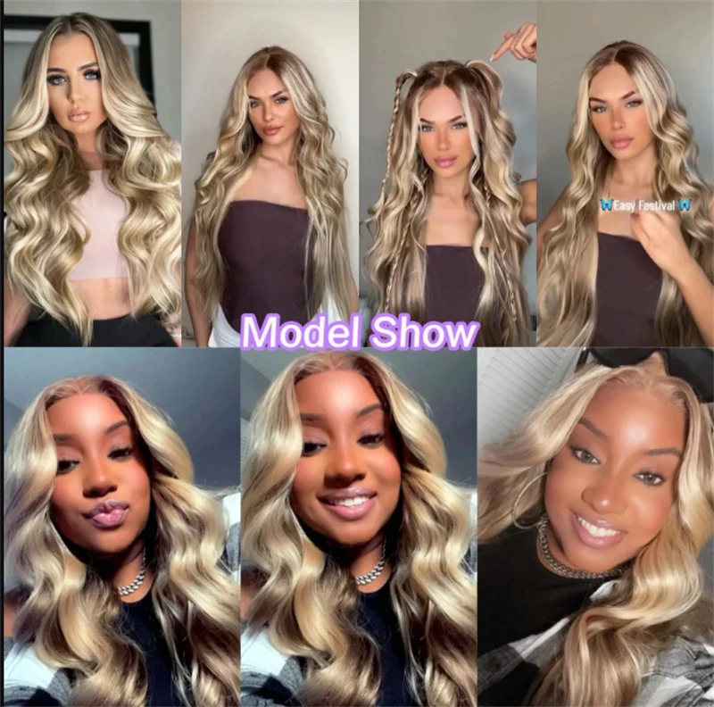 Ombre Blonde Lace Front Wig Synthetic Mixed 5% Human Hair Highlight Ash Brown Golden Blonde Wavy Pre Plucked Hairline