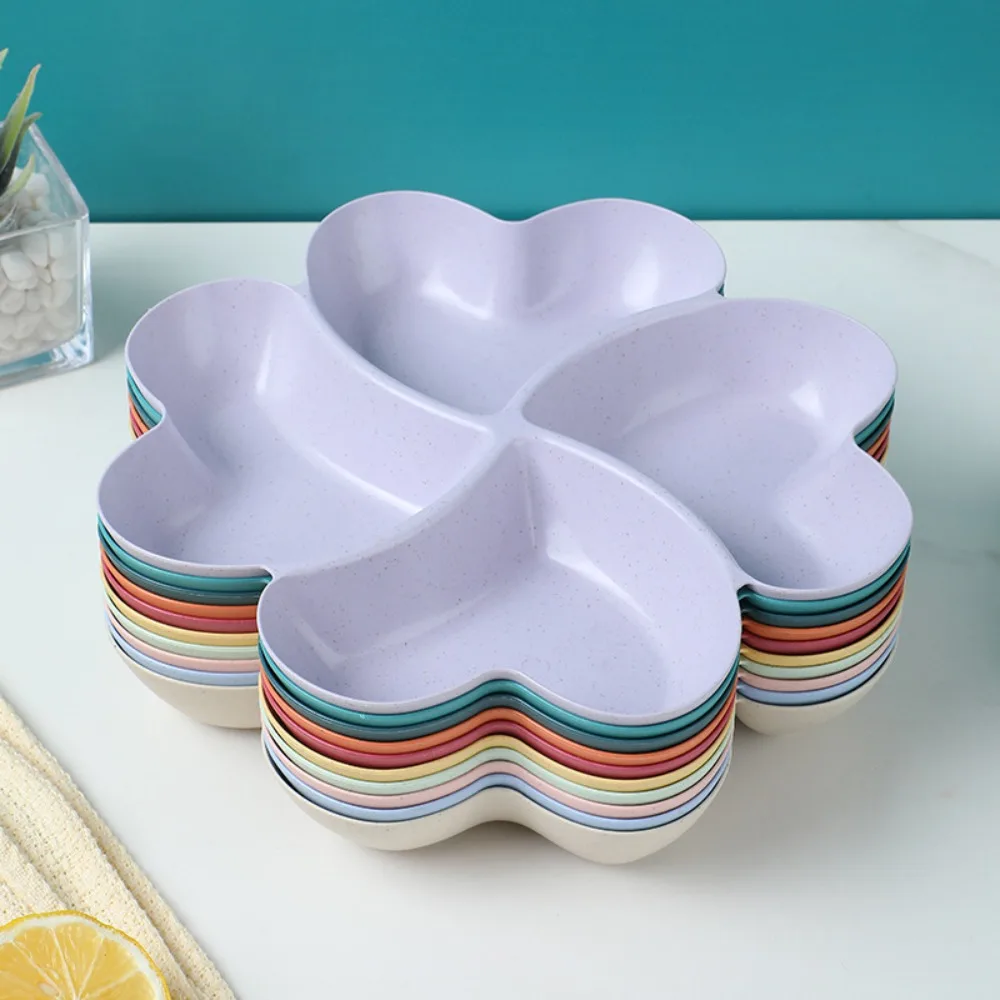 Wheat straw appetizer serving platter unbreakable 4-compartment food storage tray four leaf clover shape snacks serving wheat straw plates