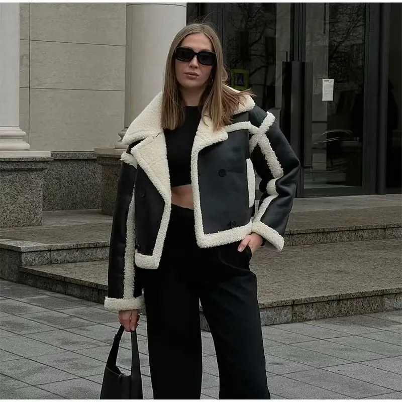 Suéter extragrande y esponjoso con solapa de PU para mujer, ropa de calle de moda con bolsillos de invierno y retazos, abrigo de lujo en contraste, nuevo