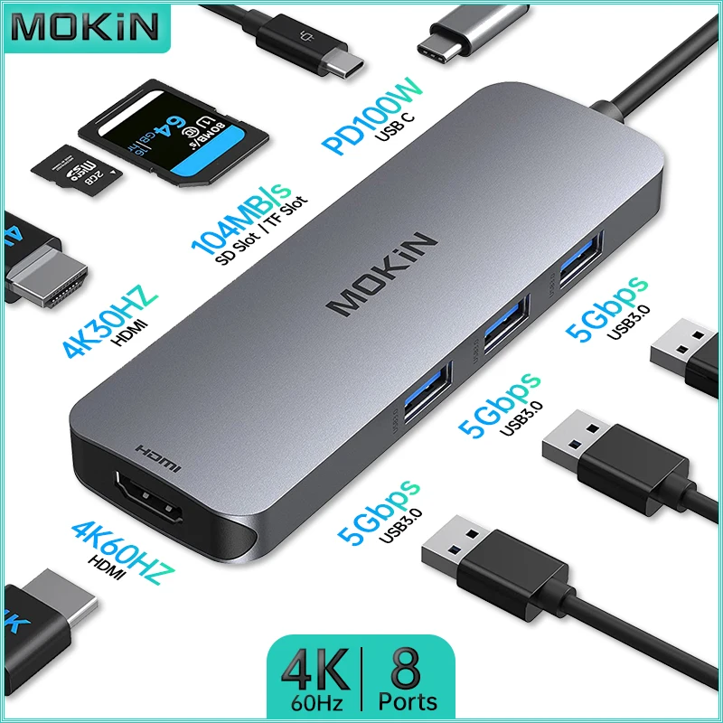 

Док-станция MOKiN 8 в 1 — USB3.0, HDMI 4K60 Гц, PD 100 Вт, SD, TF — совместима с MacBook Air/Pro, iPad, ноутбуком Thunderbolt
