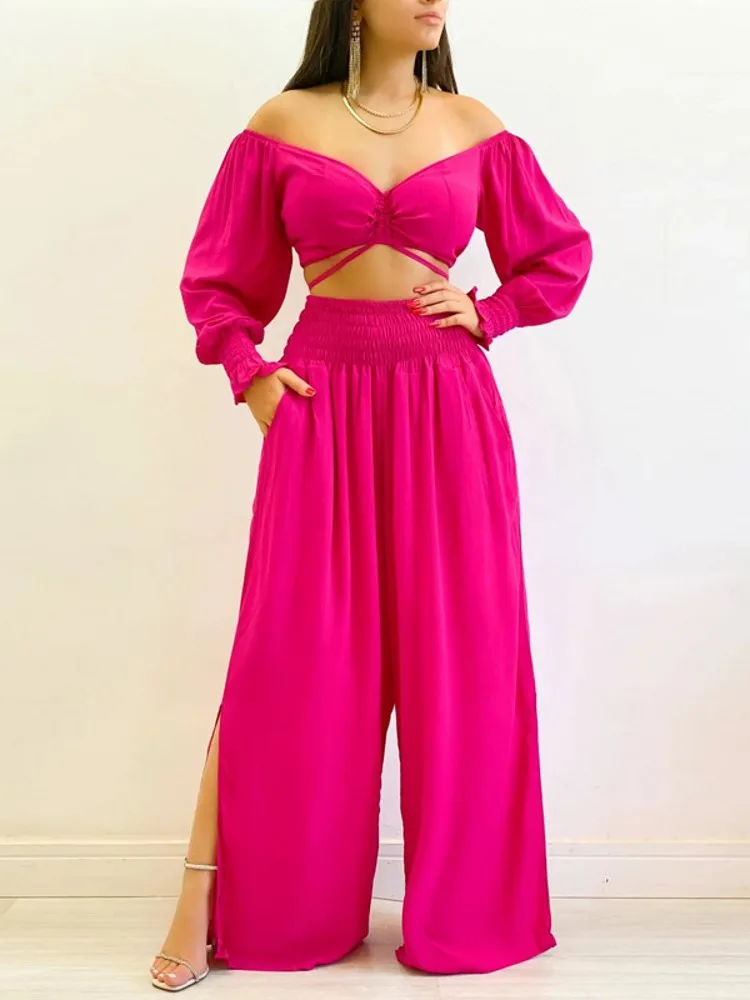

Two-piece Women Matching Sets Sexy Off Shoulder French Lace Up Top And Flared Elastic Waist Pants Suit 2 Piece Casual Sets