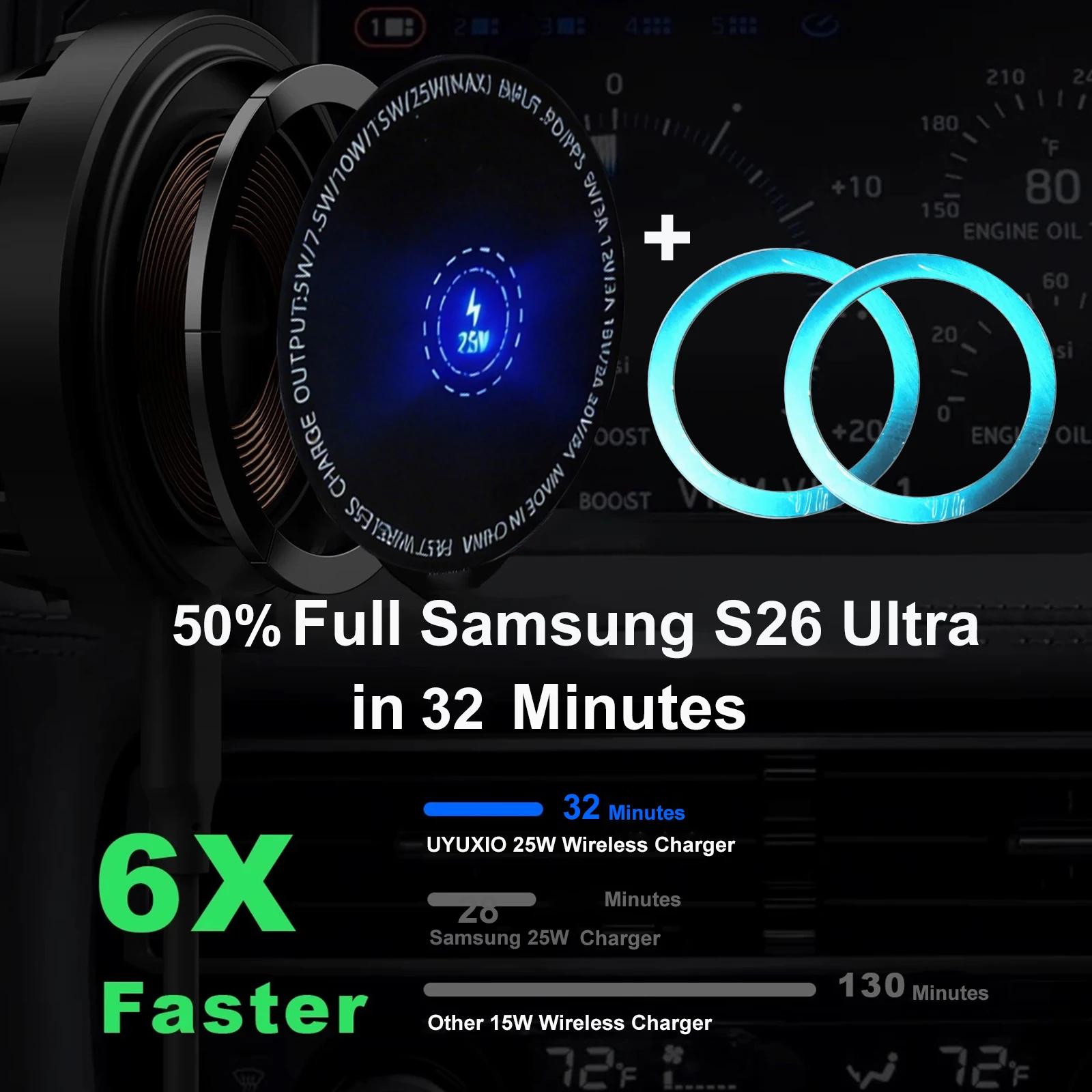 Fast Magnetic Wireless Charger Car Vent Mount with 360° Rotation Phone Holder
