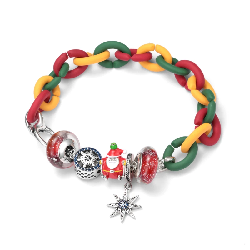 

925 Sterling Silver Charm Christmas Halloween Bracelet Link Chain Women Bracelet Hard Rubbe X Jewelry Rainbow Bracelet Beads