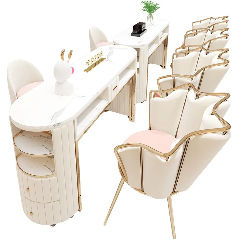 Beauty salon professional double pink nail tables luxury manicure tables minimalist traditional and chair