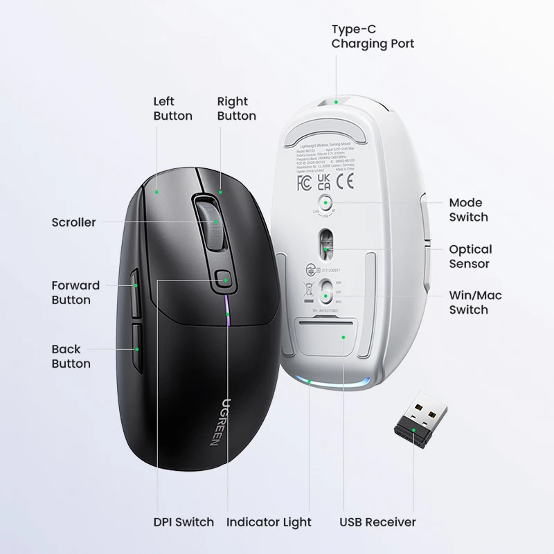 Ugreen-mouse para Jogos sem Fio 5000dpi Bluetooth 5.0 2.4g com Fio Ratos Gamer Recarregáveis Botões para Macbook Tablet Laptops - Imagem 4
