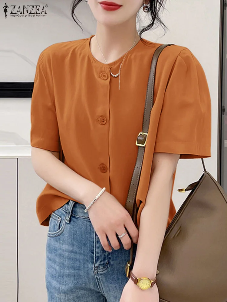 

Женская модная офисная Туника ZANZEA, топы, летняя элегантная рубашка с пышными рукавами, Женская Однотонная рубашка с круглым вырезом, повседневные уличные Блузы оверсайз