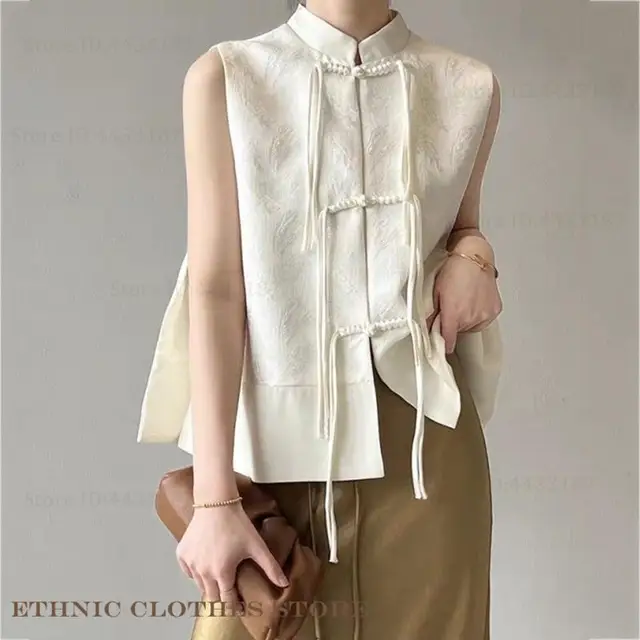 Mode chinois Tang Style haut Sexy sans manches chemise pour femme vêtements traditionnels chinois Jacquard mince Qipao Cheongsam Blouse 1