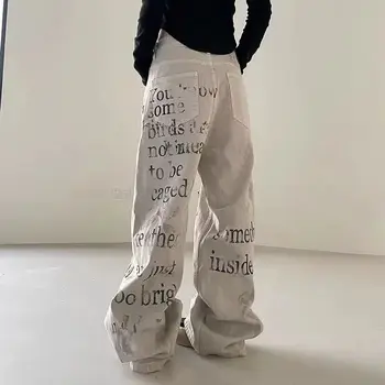 2025 New Spring Autumn Graffiti letter Men and Women Jeans Korean Loose Wide-leg Cowboy Pants Female Extends Denim Pants Ladies 1