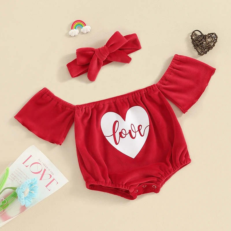 

Valentine Baby Girl Outfit Heart Print Ribbed Ruffles Long Sleeve Newborn Valentines day Romper Dress Headband Clothes