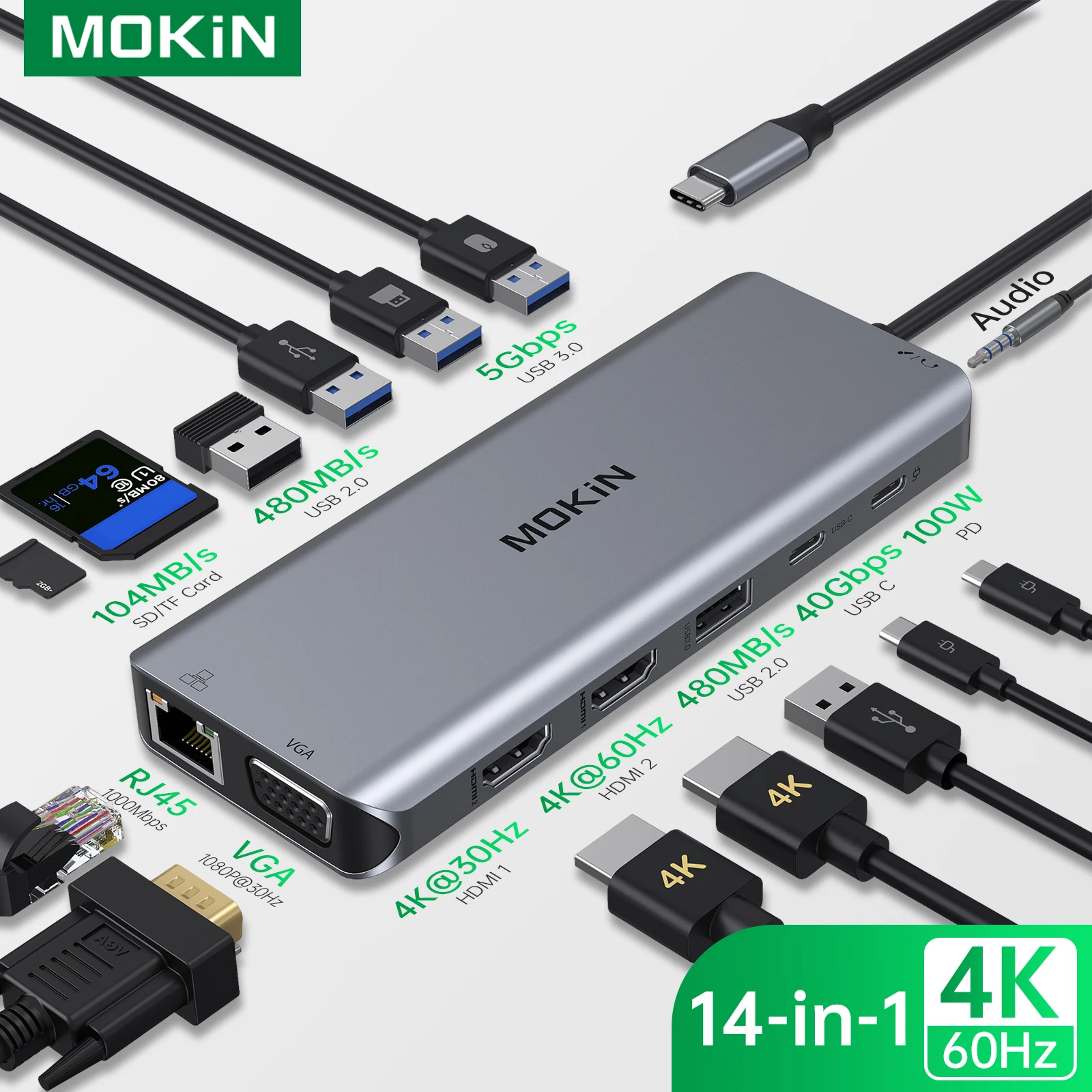  USB C Dual HDMI Adapter, USB C Laptop Docking Station 9 in 1  Triple Display Multiport Dongle, Type C Hub with 2 HDMI, 100W PD, Ethernet,  3 USB and SD/TF Card